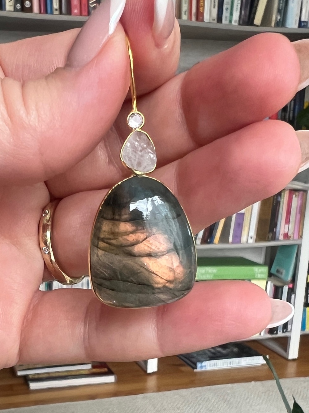 Pair Labradorite Moonstone Quartz Statement Drop Earrings Gold Tone